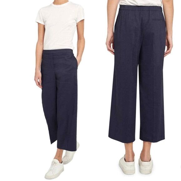 Theory Wide Leg Straight Pull On Linen Blend Pants Size Large NWT Deep Navy - Picture 1 of 5